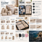 TravelSet™ KRITEL — organisateurs de valise 6 pièces, avant après et détails du produit